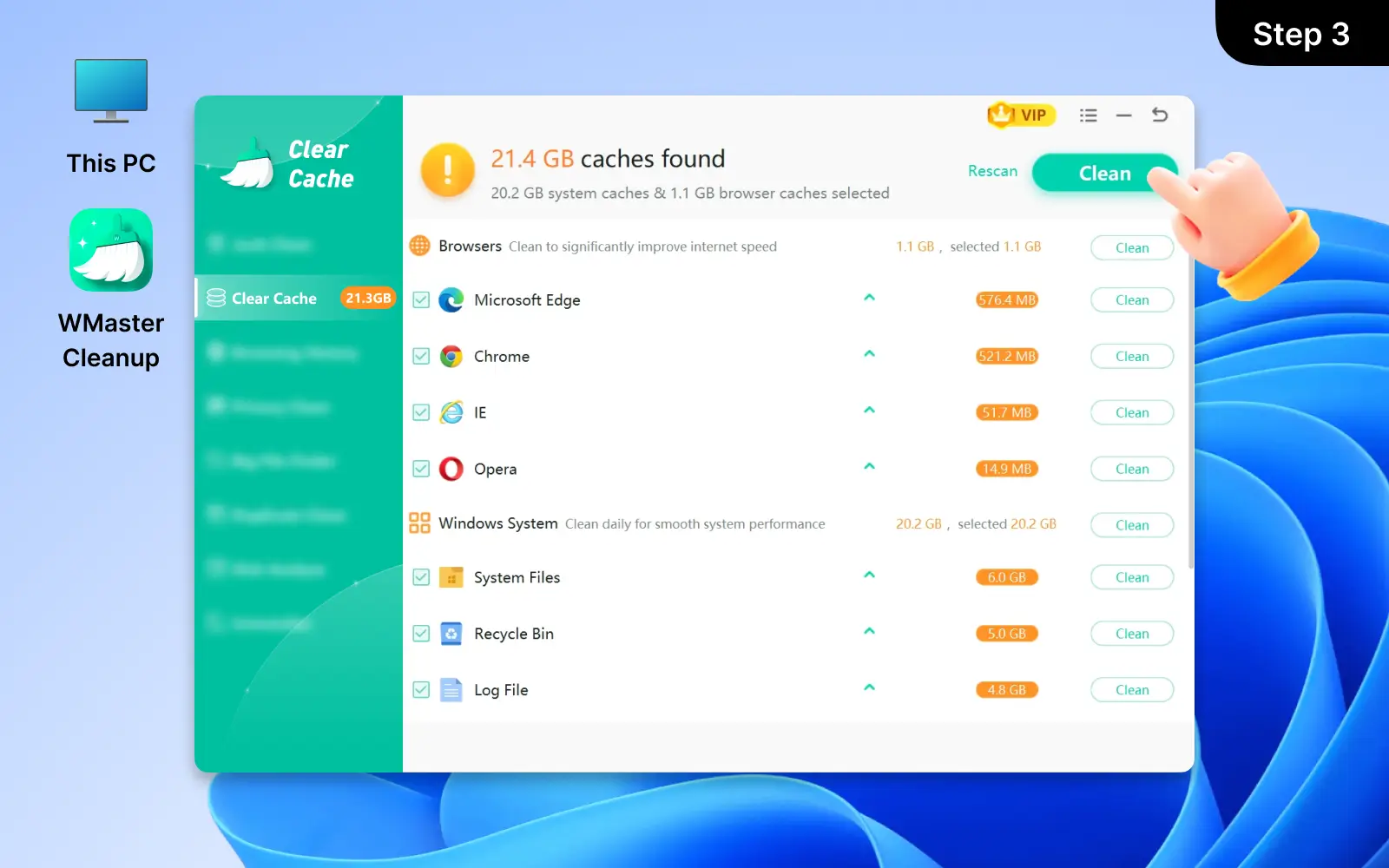 Click 'Clean' to Remove Caches in One Click
