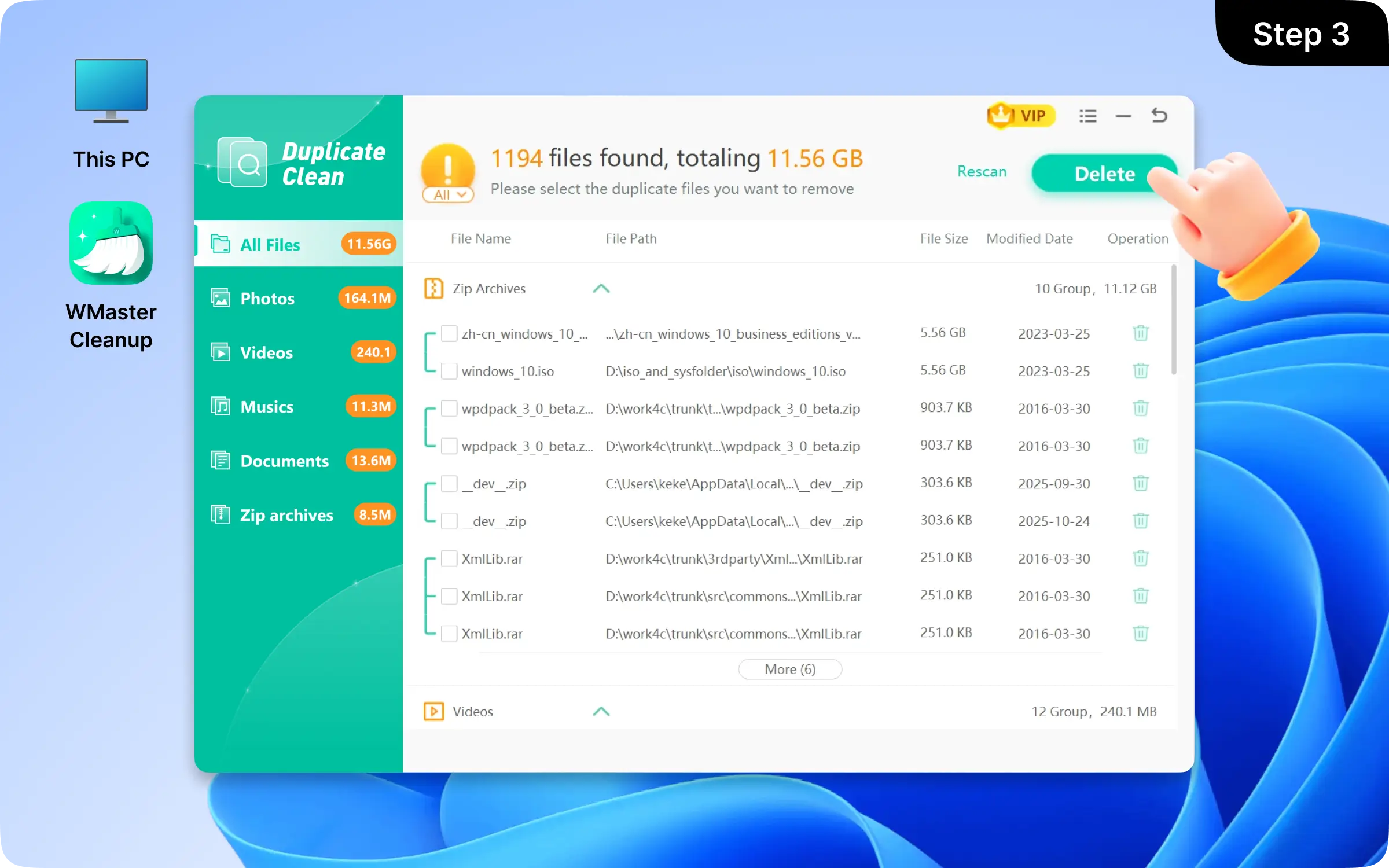 Click 'Delete' to Remove Duplicate Files