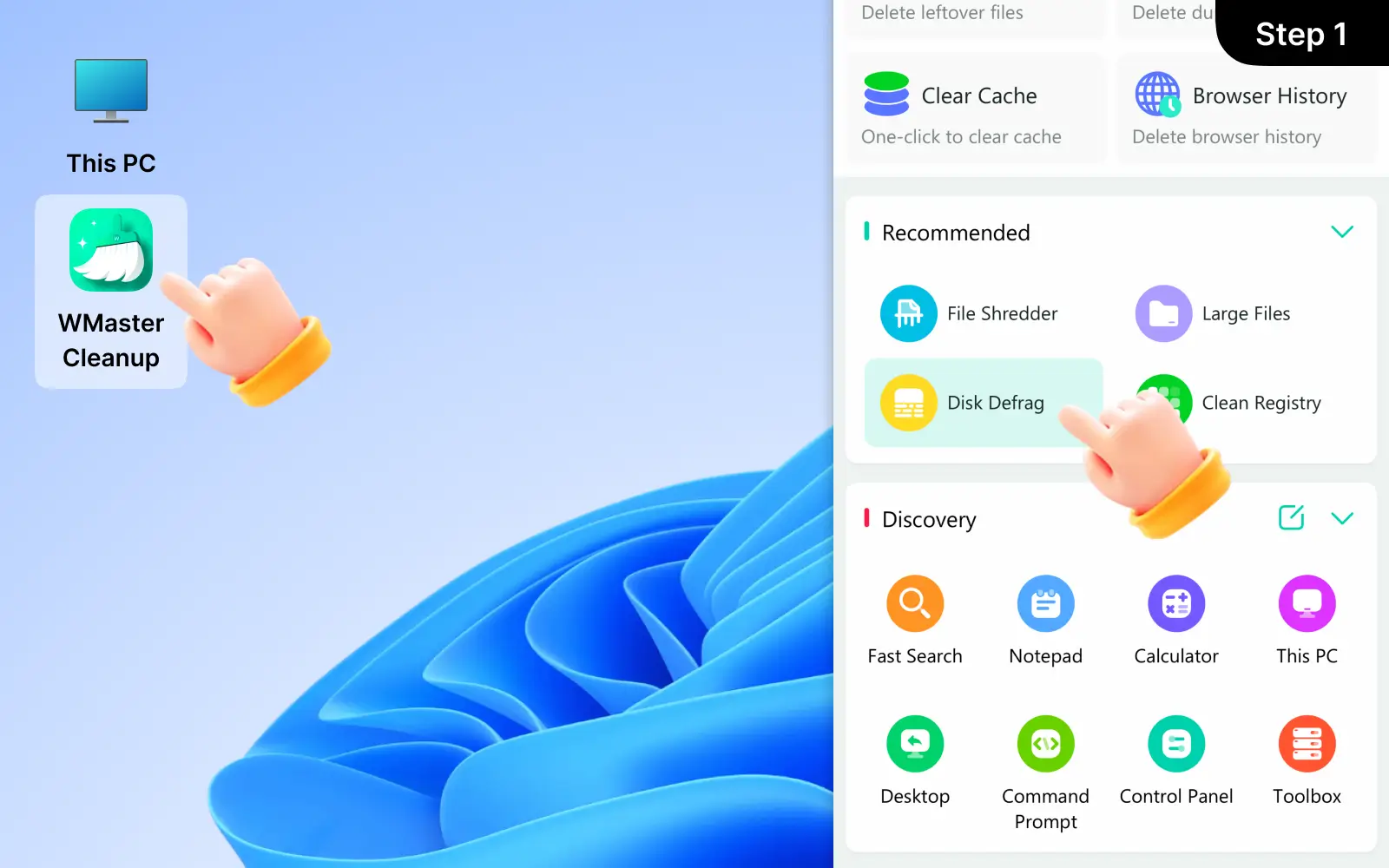 Launch WMaster Cleanup, select 'Disk Defrag'