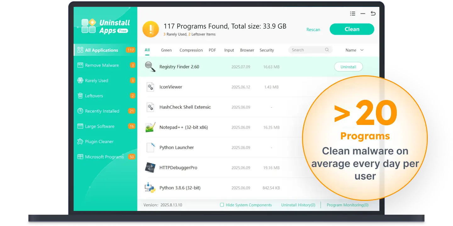 Uninstall apps main interface