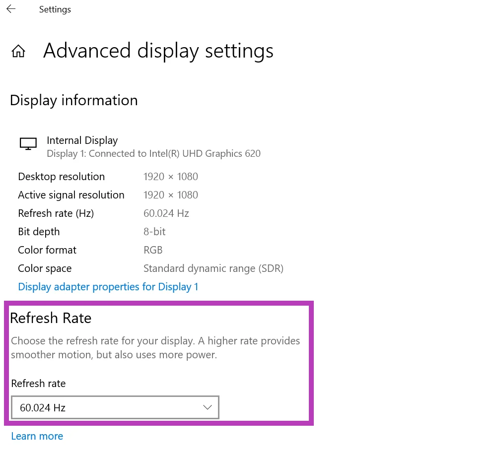 Advanced Display settings showing refresh rate selection.