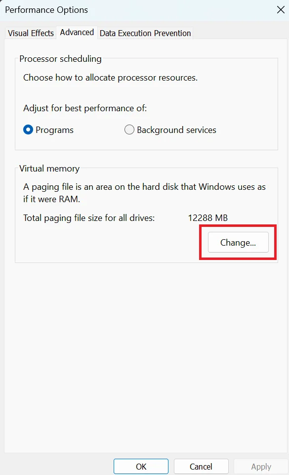 Click Change under Virtual Memory.