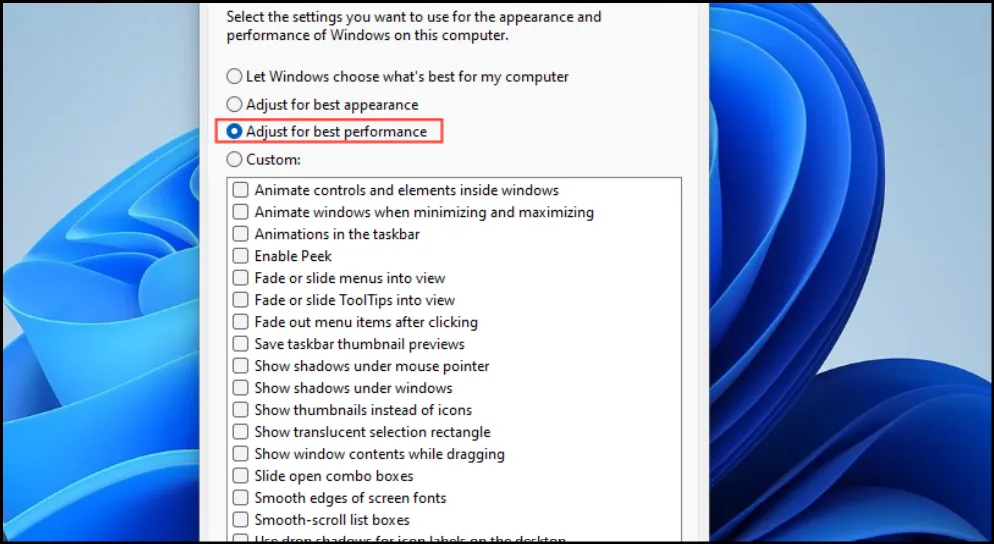 Tap on Adjust for best performance on Windows Performance Options interface.
