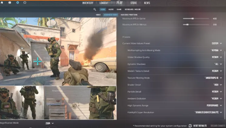 Apply the settings in the advanced video submenus.