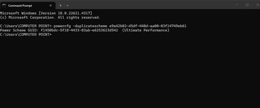 Type the prompt to enable Ultimate Performance power plan.