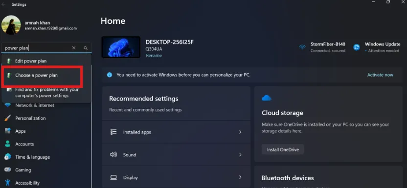 Open settings to choose power plan for advanced PC game optimization.