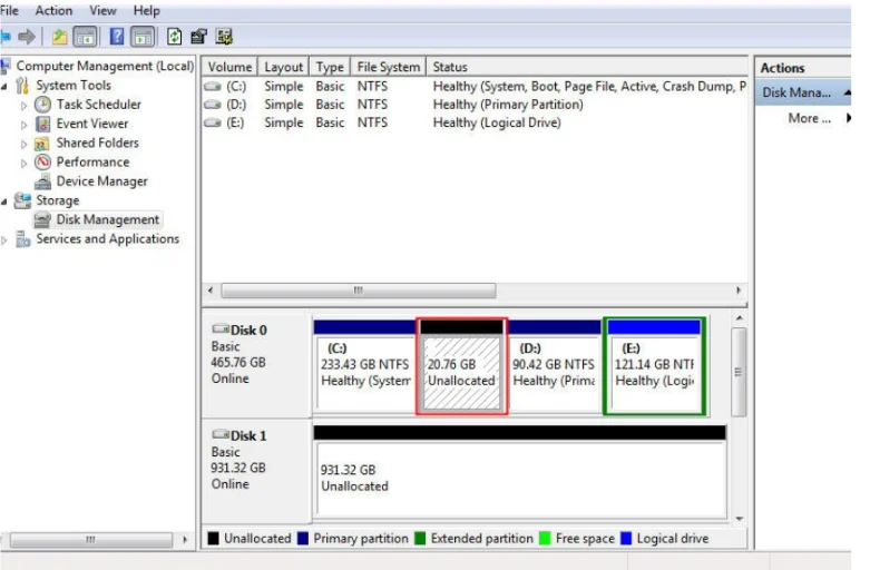 Unallocated space right next to your (C:) partition in Disk.