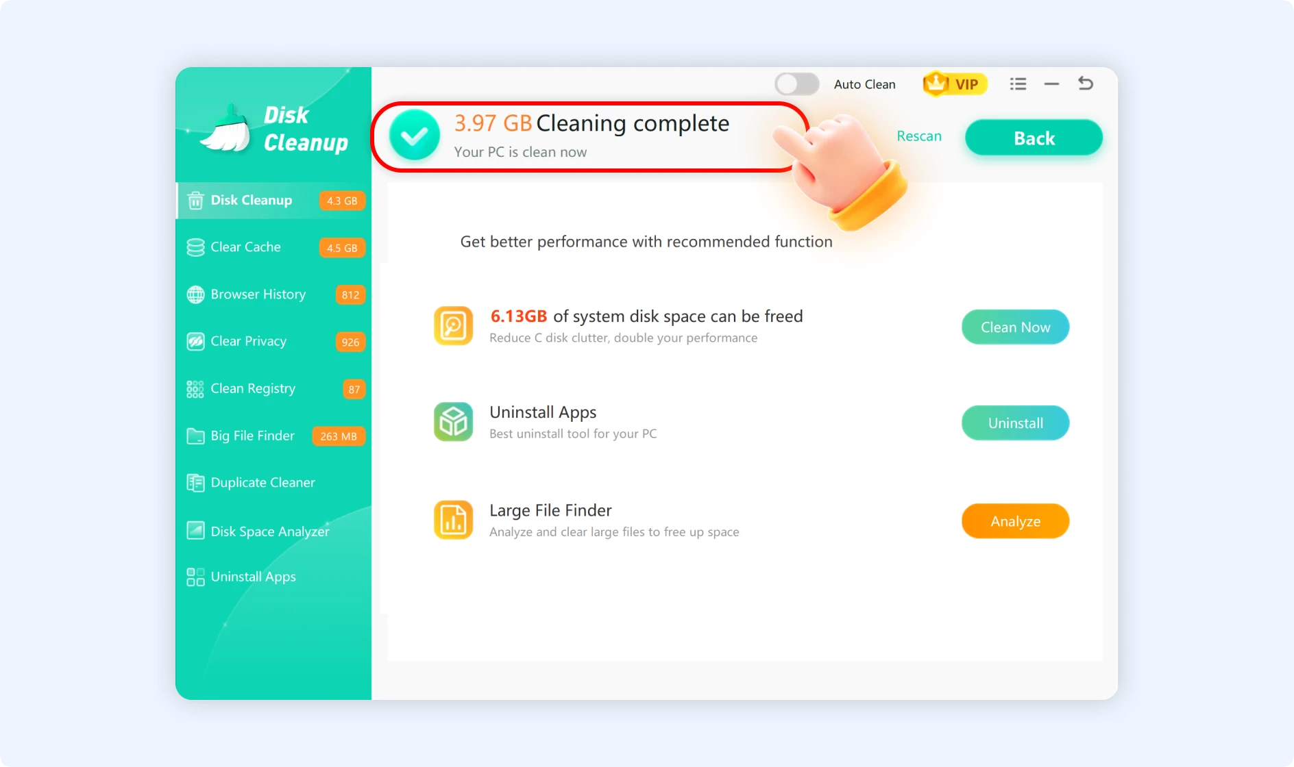 Freed space will be shown once the cleaning process is complete.
