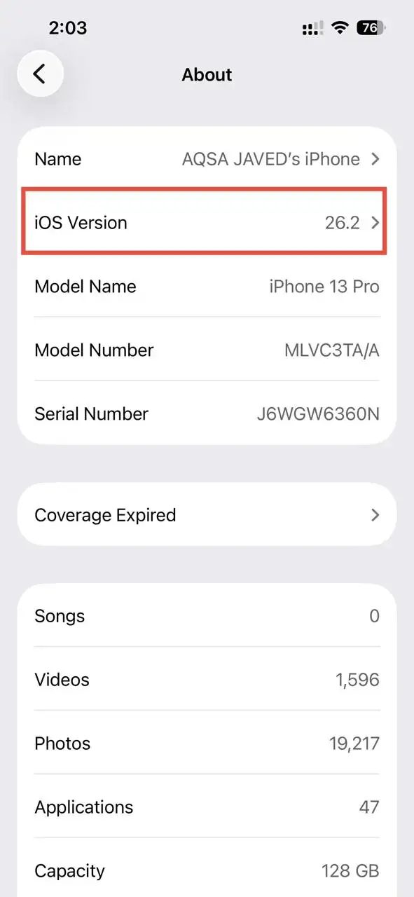 Find your iPhone's iOS version in the About section.