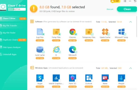 Check how much space can be freed up from each software and app.