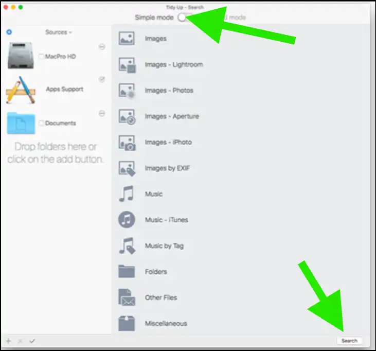 Select search mode and add folder to search for duplicates on Mac.