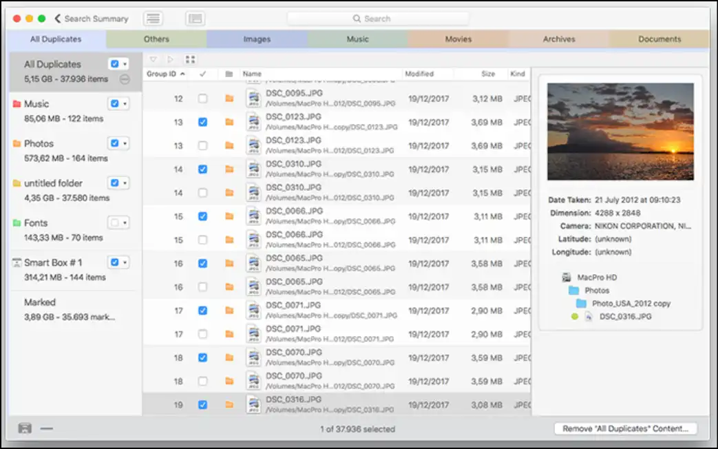 Select detected duplicate files to remove from your Mac system.