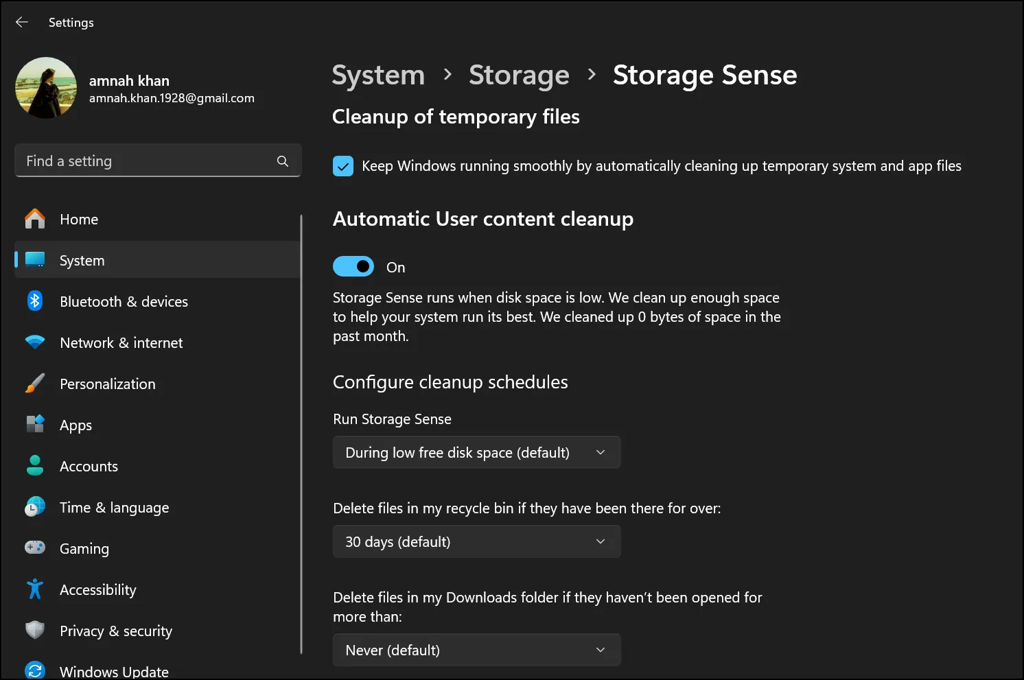 Customize cleanup settings to manage storage on Windows 11.