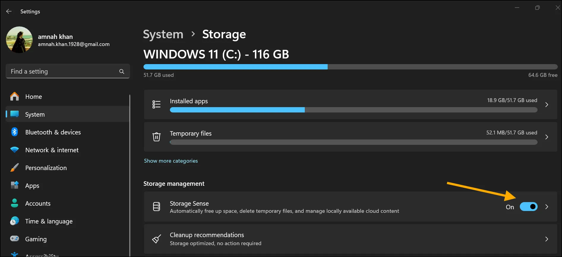 Turn On the storage sense to auto-clean temporary files from Windows 11.