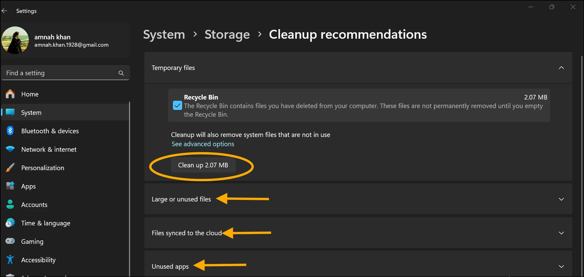 Remove desired files recommended by Windows 11.