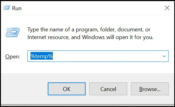 Windows Run dialog with %temp% typed in.