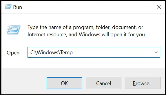 Windows Run dialog with C:\Windows\Temp typed to open the system temp folder.