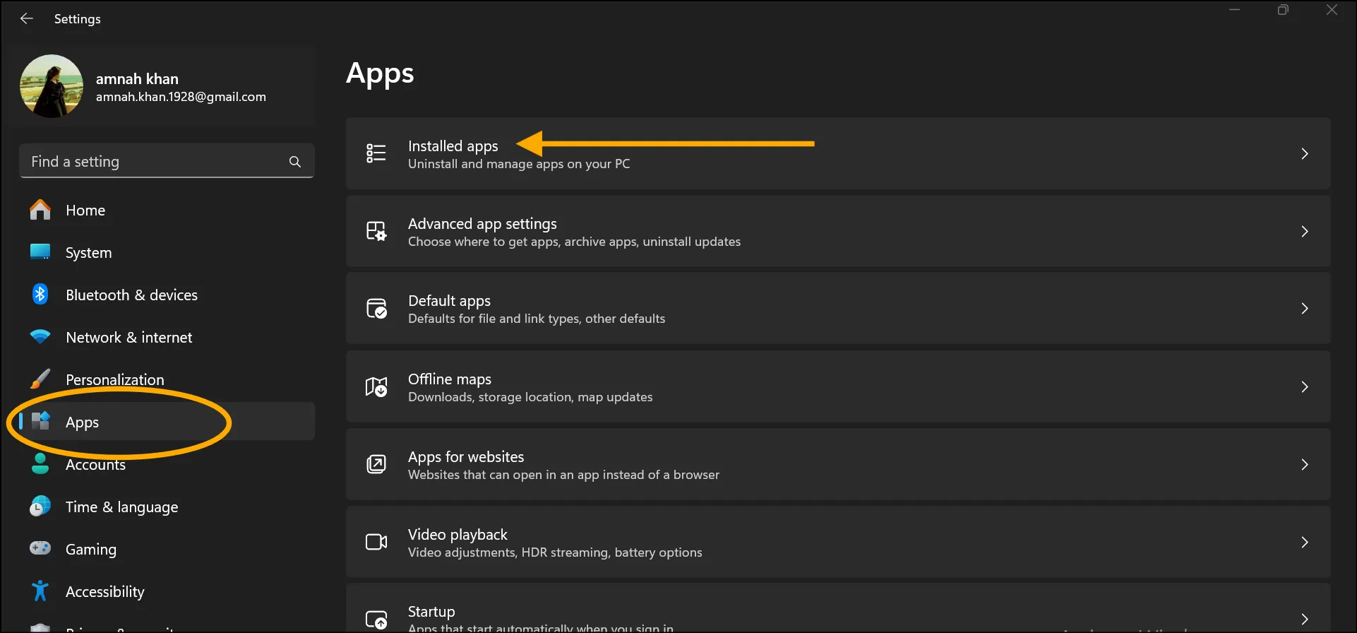 Open settings to uninstall and manage apps on your Windows 11.