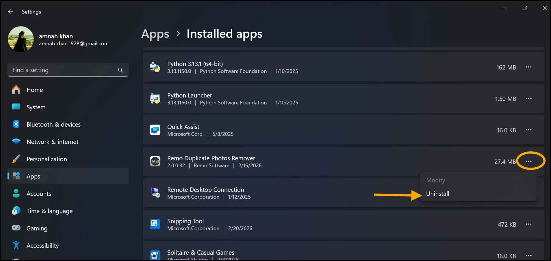 Select desired app to remove it from Windows 11.