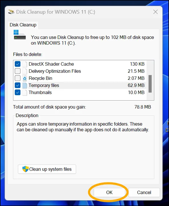 Select desired files and folders to clean C drive on Windows 11.