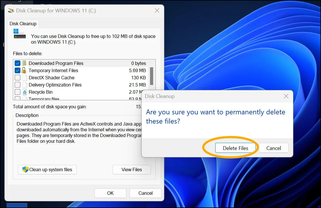 Press Delete Files to clean C drive for cleaner and faster PC.