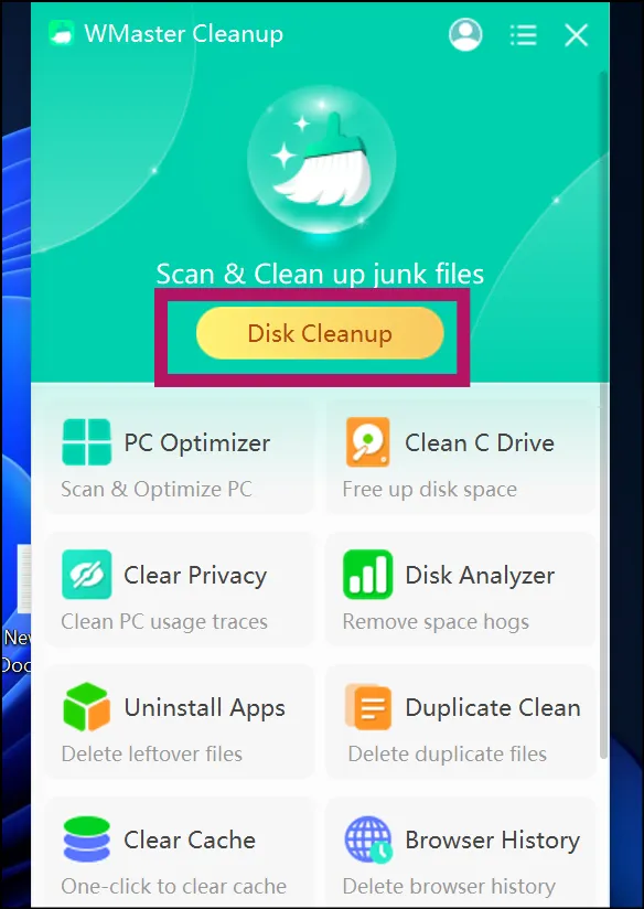 WMaster Cleanup dashboard with Disk Cleanup feature highlighted.