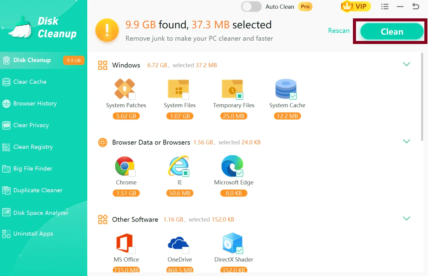 WMaster Cleanup scan results showing junk file categories and Clean button.