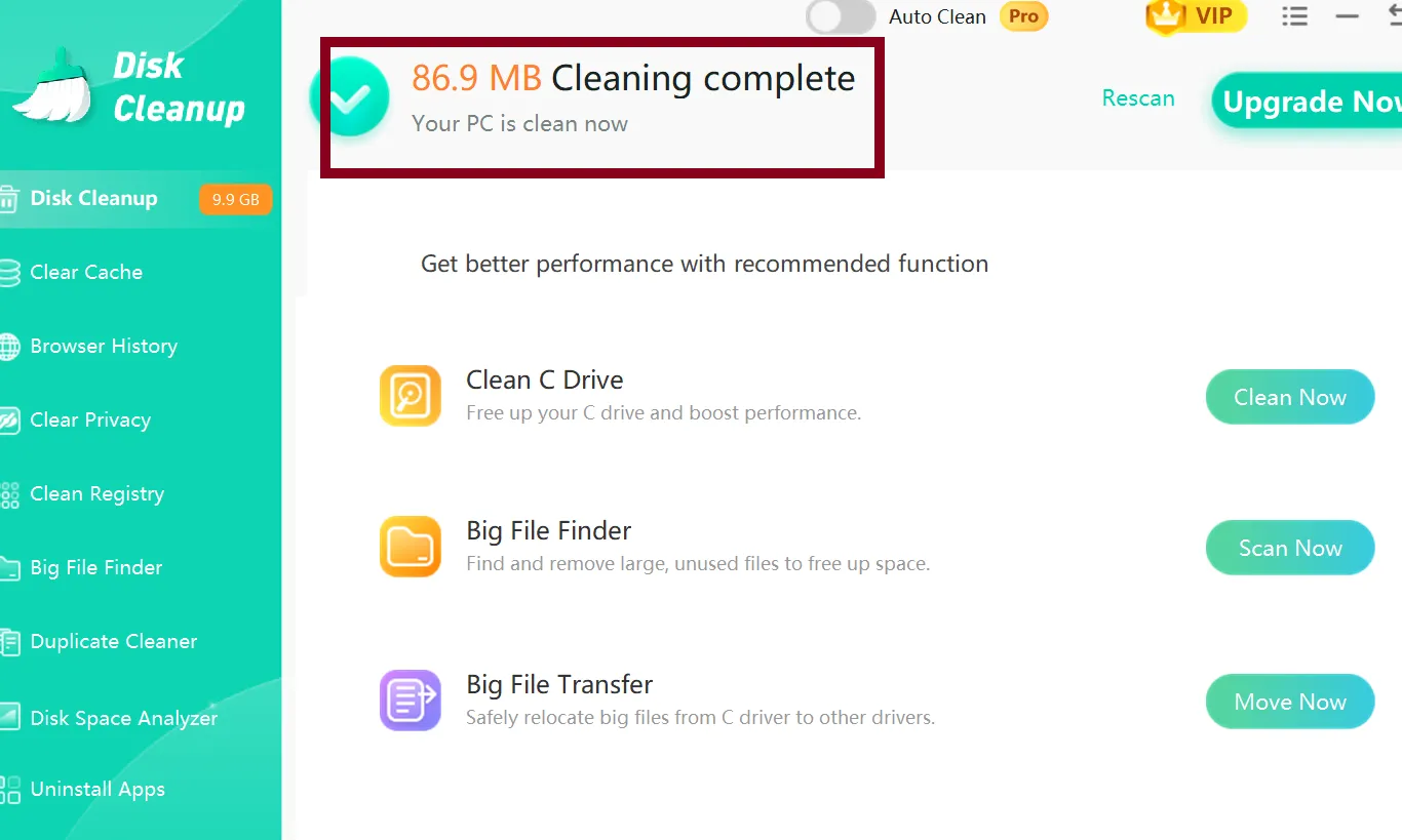 Total space freed up using WMaster Clean Disk Cleaner feature.