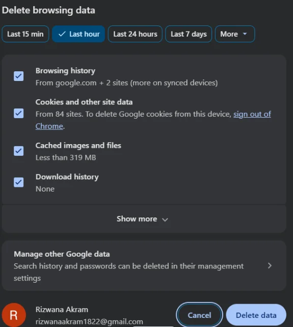 Select all the cookies and other site data to clear it up.