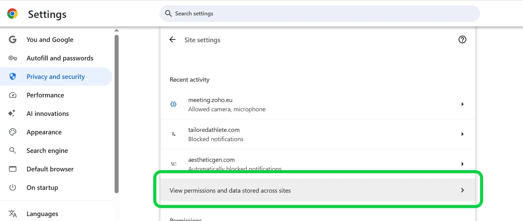 Click view permissions and data stored across sites.