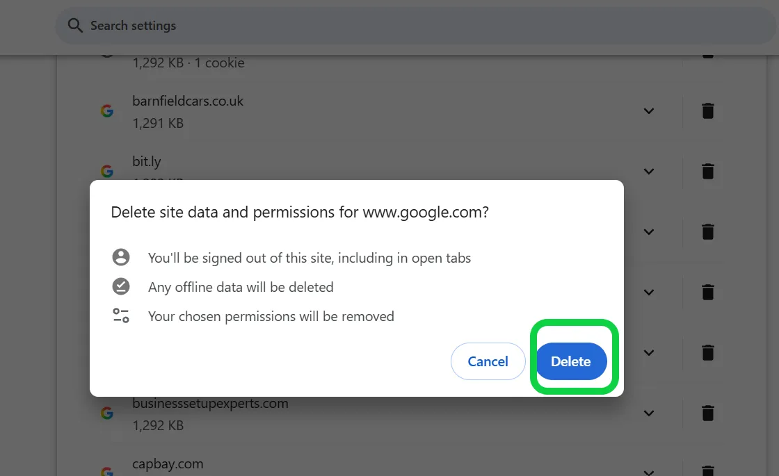 Click Delete site data dn permissions for Google.