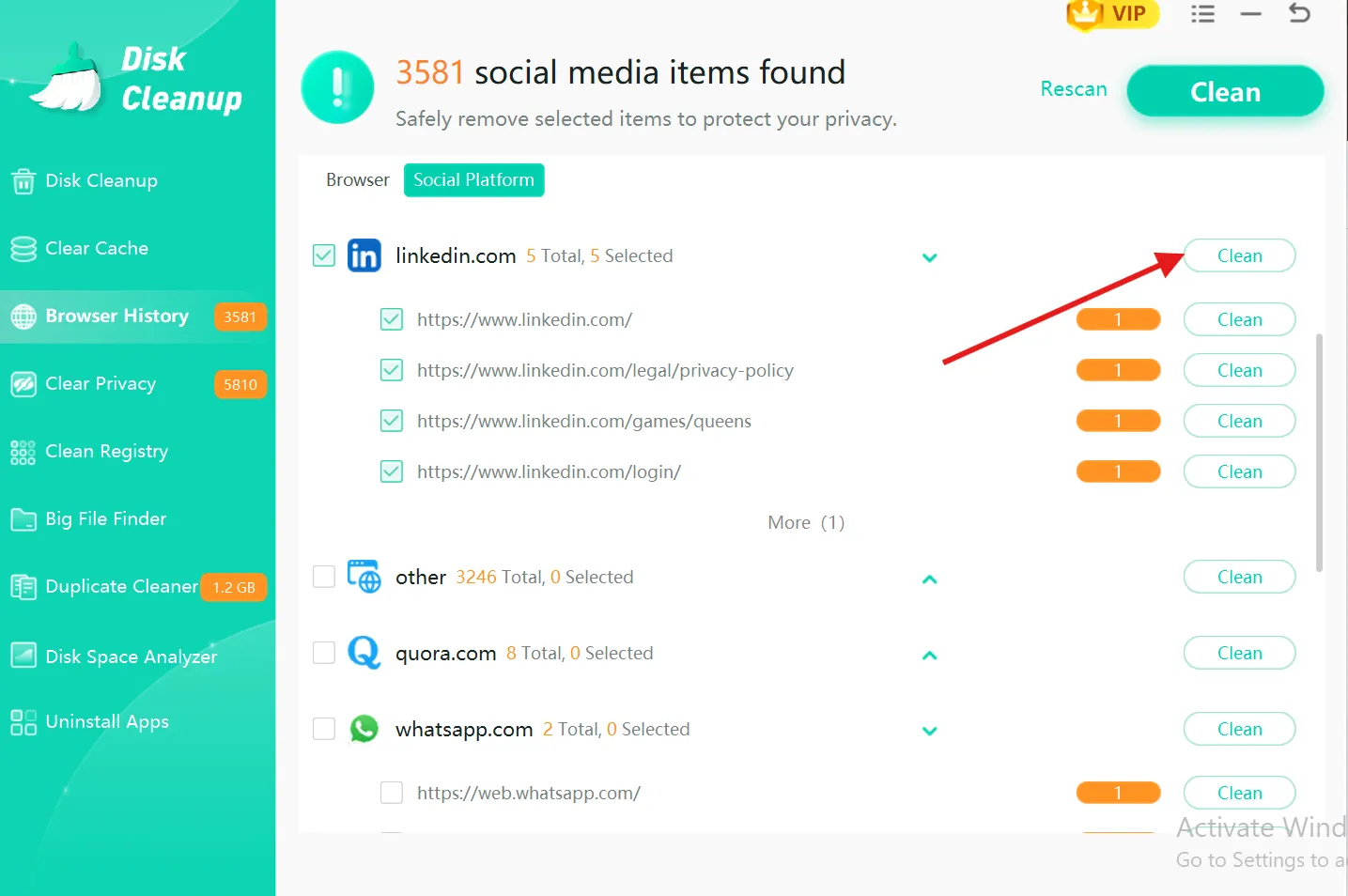 Opt for Social Platform and hit Clean.