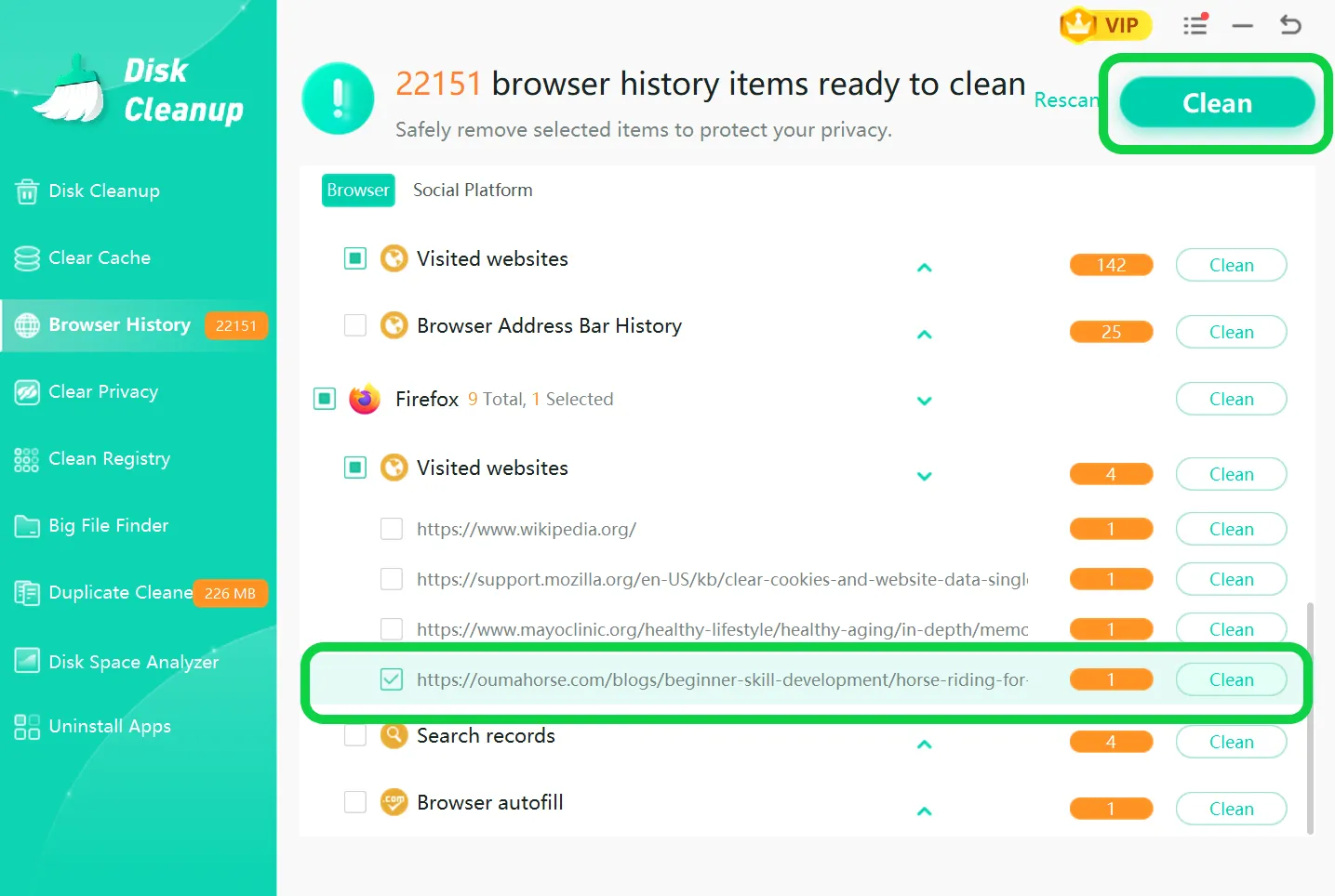 Click Clean for spefic selected website cache.