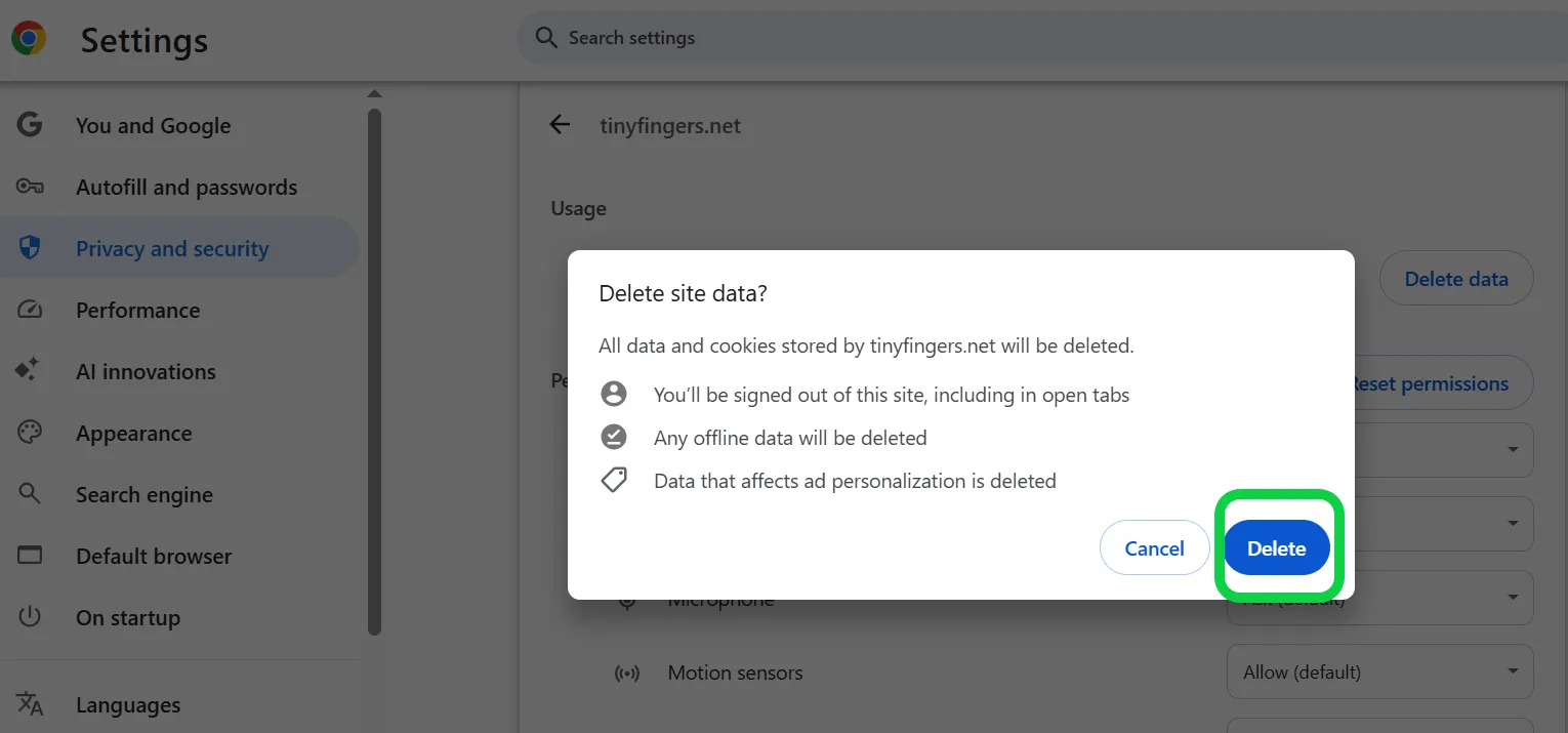 Click delete site data.