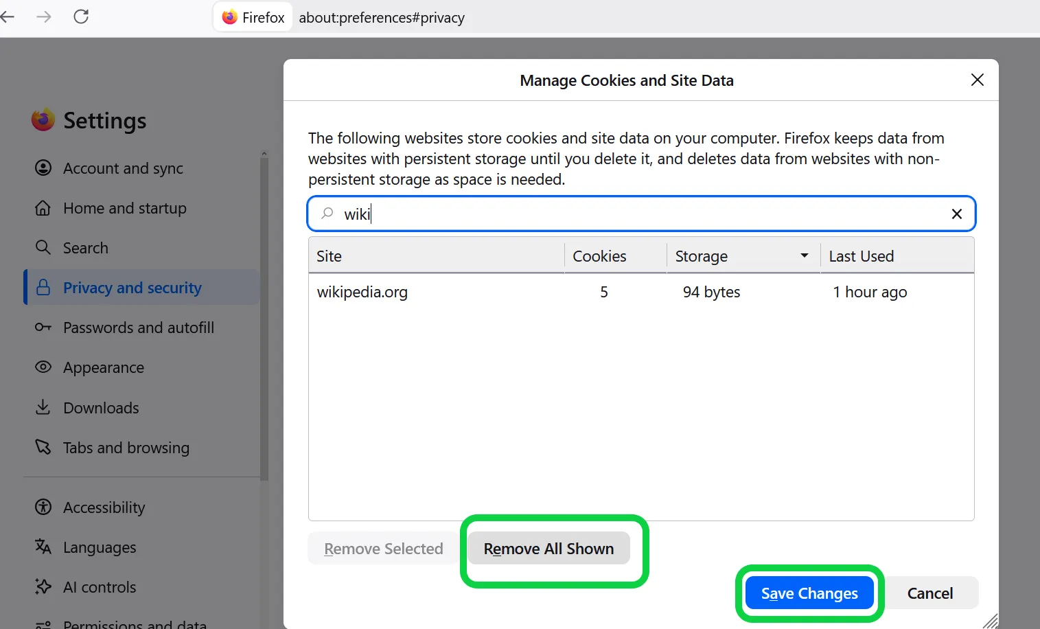Click Remove All Shown and then click Save Changes.