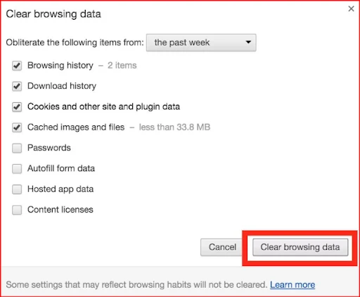 Select the time duration and clear all browsing data.