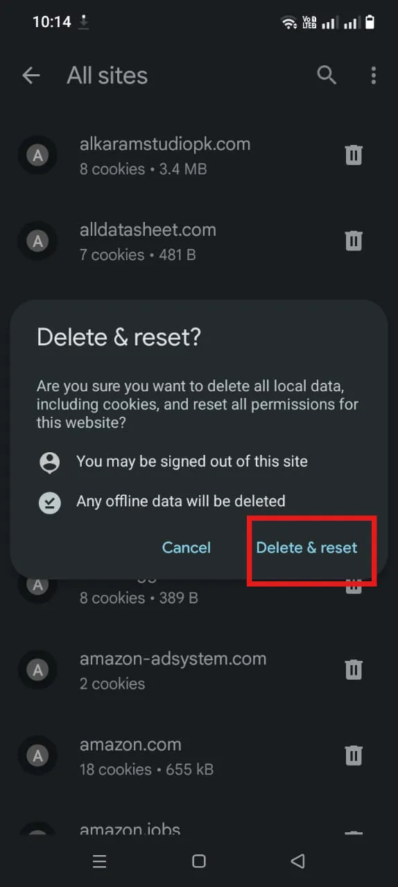 Clear Chrome cache for a specific website on Android.