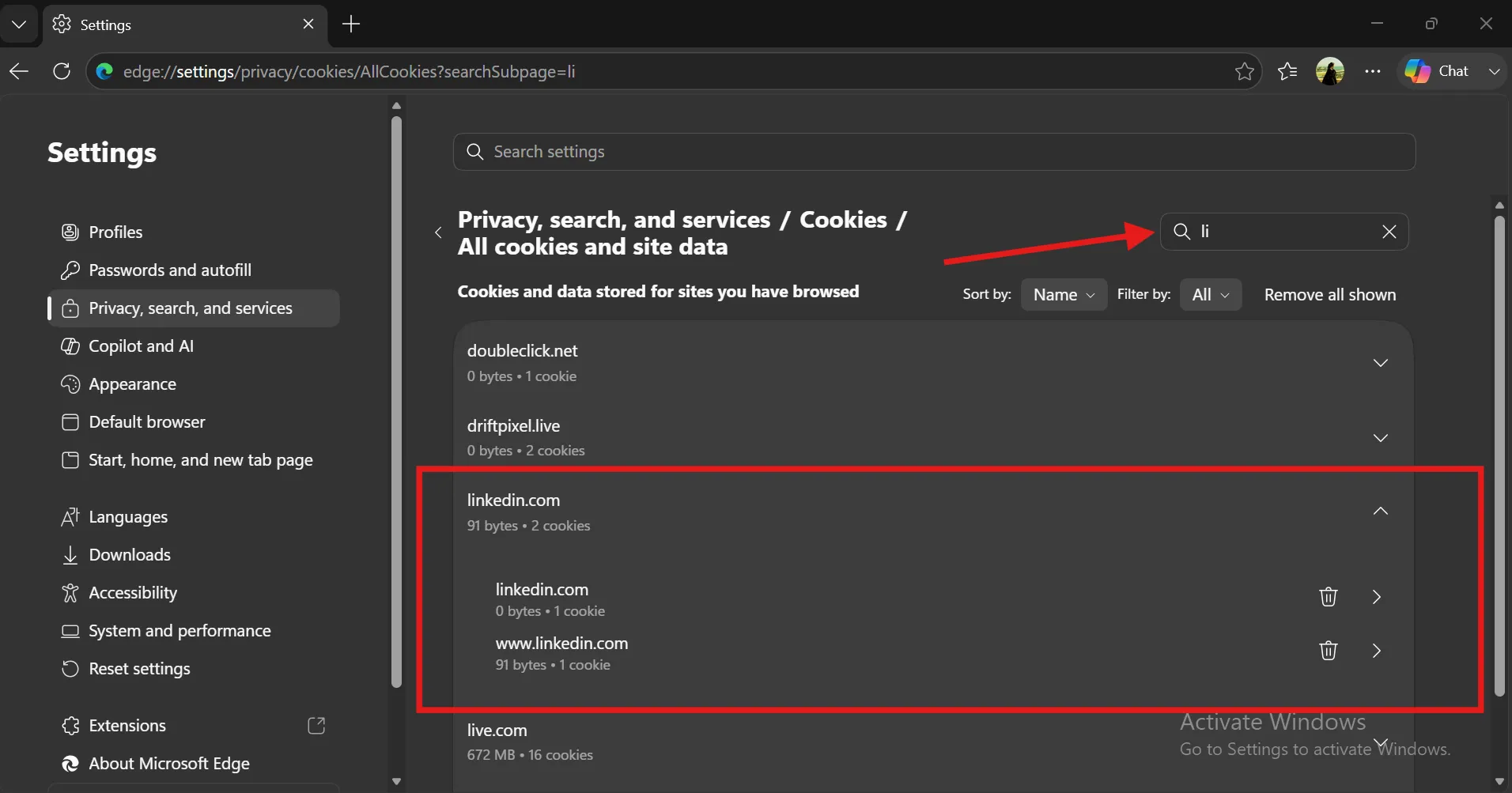 Go to the Edge search bar to search for specific website then hit Delete.