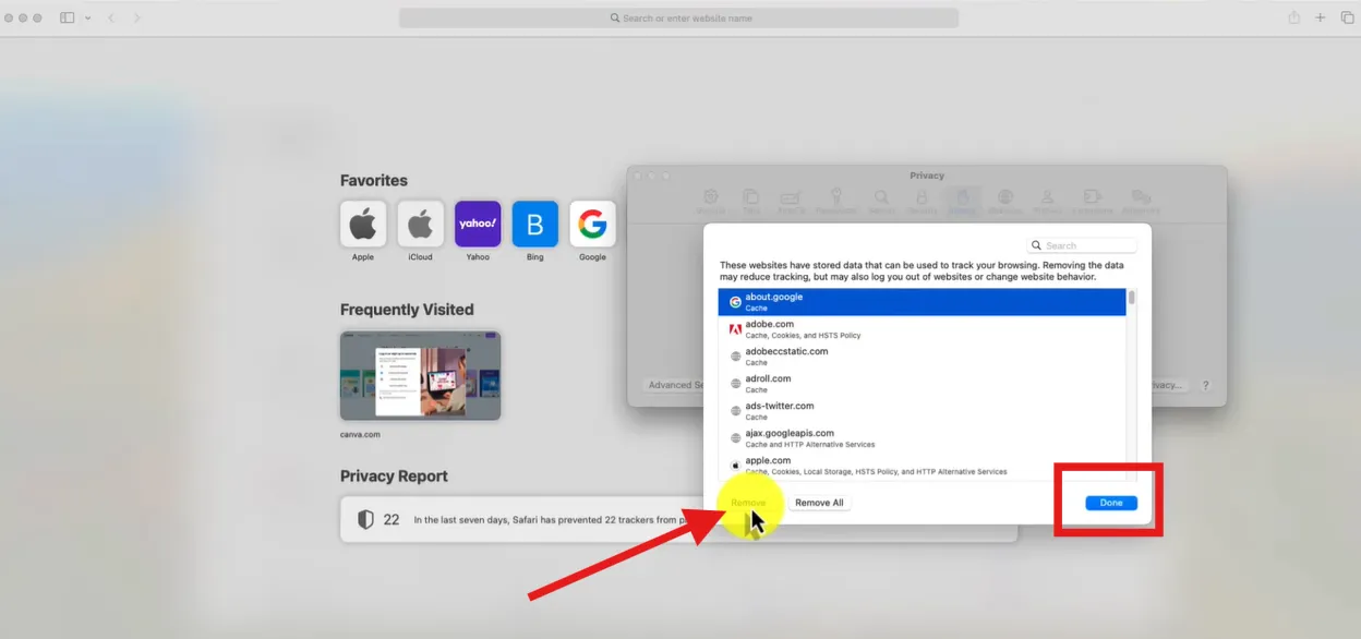 Search for your wanted site and then click Remove.