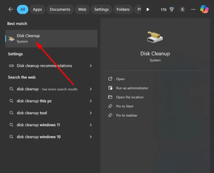 Search Disk Cleanup and open it.