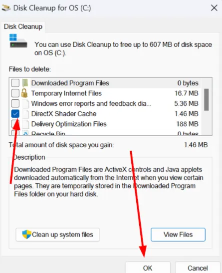 Select the DirectX Shader Cache and click OK.