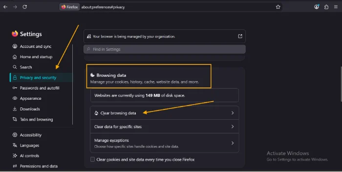 Go to the Browsing Data section to seletc Clear Browsing Data.