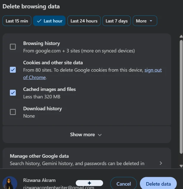 Check the Cached images and files then tap on Delete Data .
