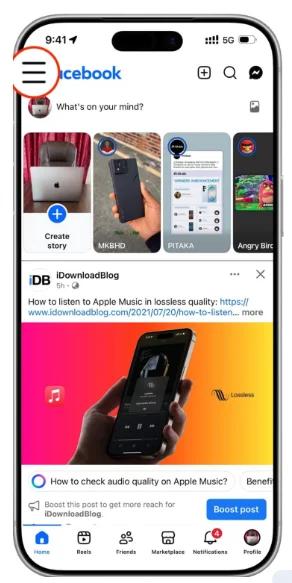 Find three lines in the top left corner to tap settings and privacy.