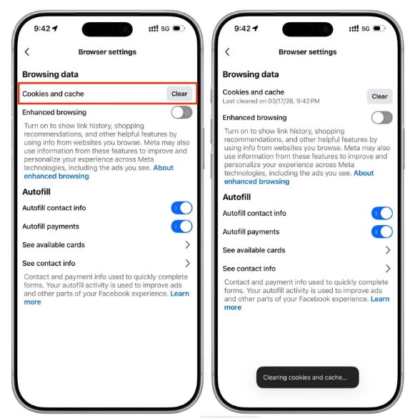 Click Clear Cookies and caches.
