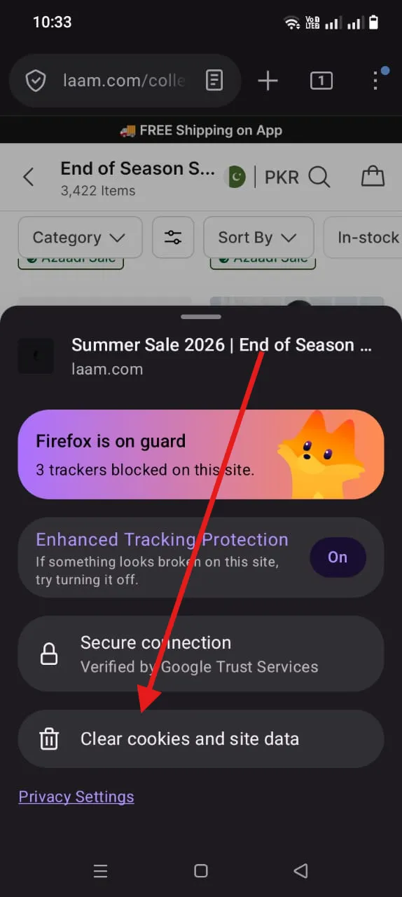 Clear Firefox cache for a specific website on Android.