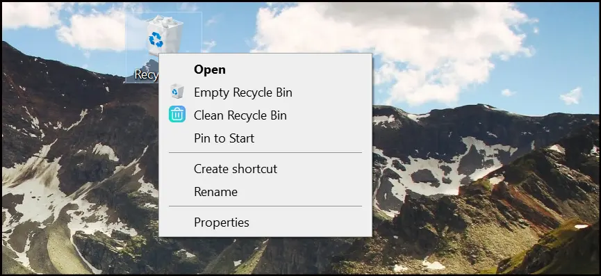 The Recycle Bin on your desktop with the right-click context menu appearing.