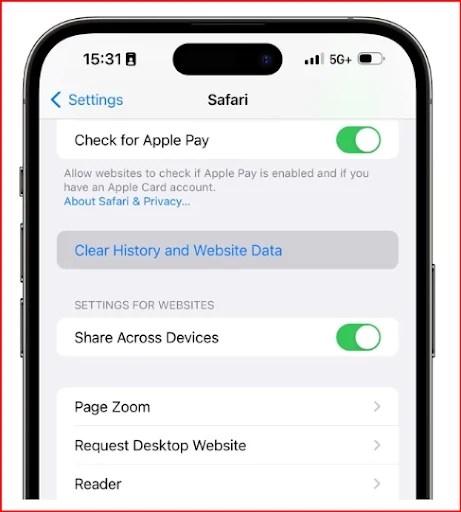 Tap to clear history and website data.