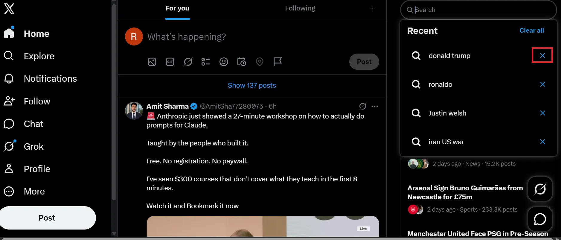 Open the search results and click on the individual search you want to remove and tap the X icon.