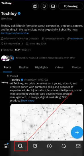 Log in X account then click on the search icon in the bottom.